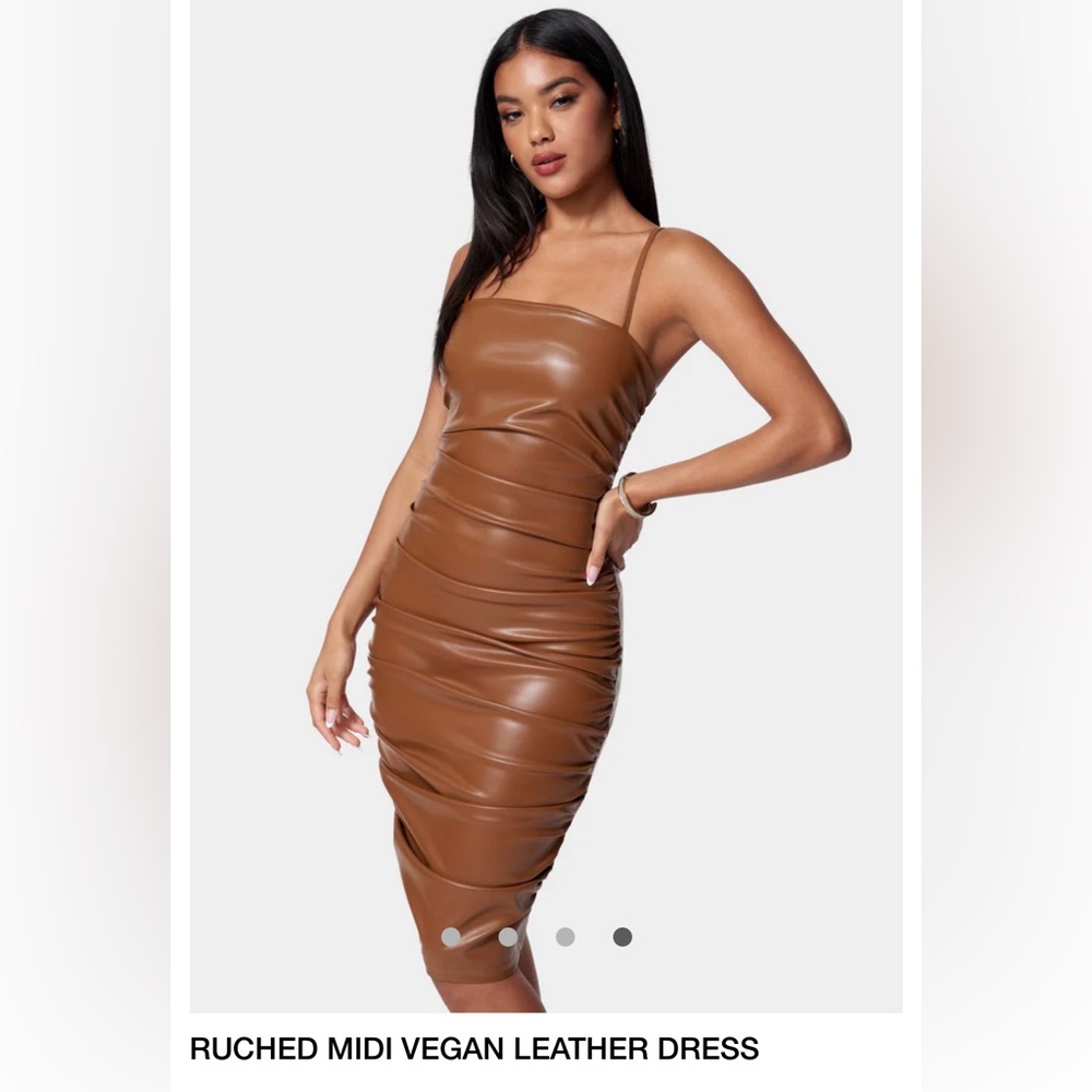 Elegant Brown Ruched Vegan Leather Dress